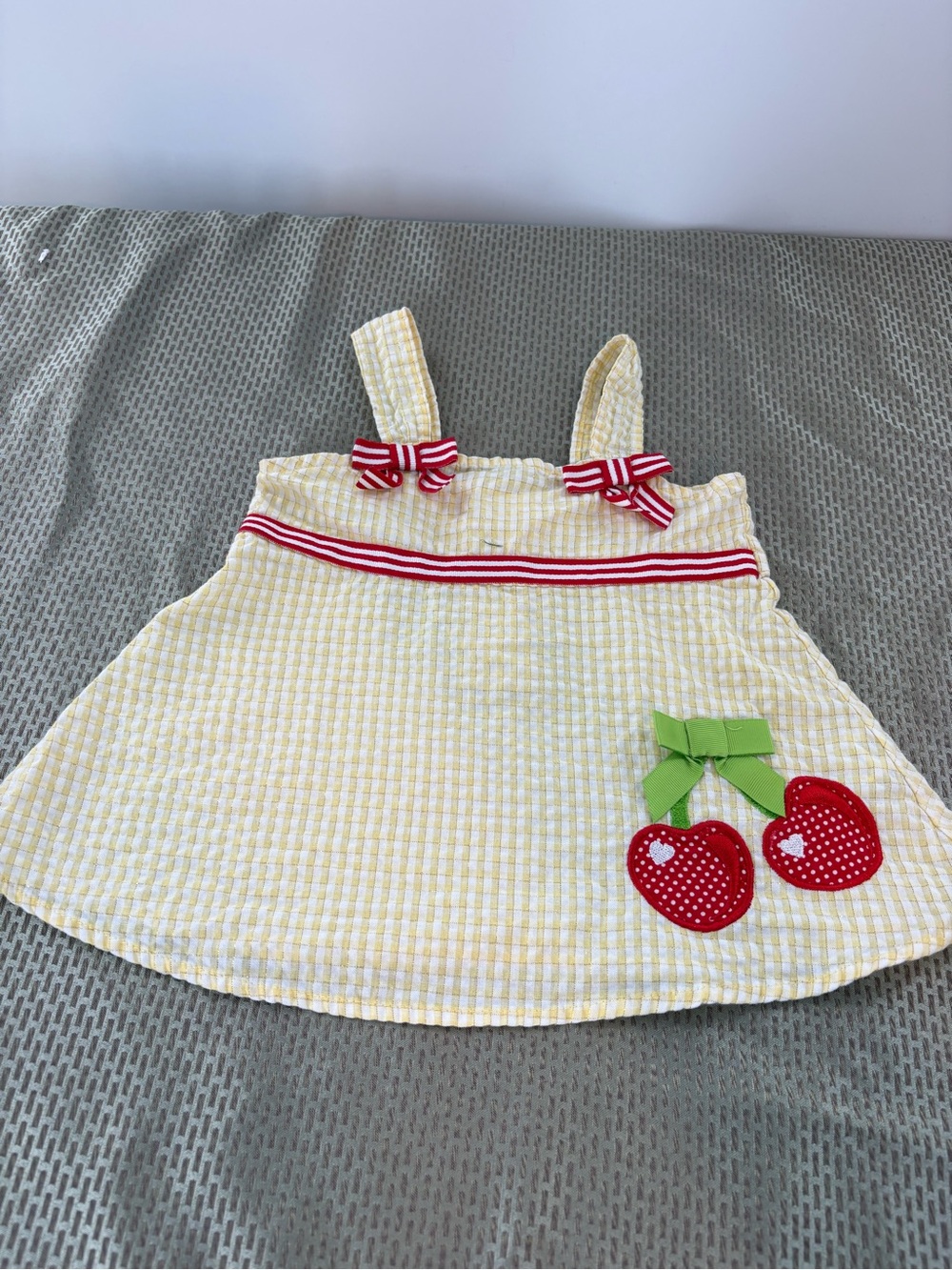 Specialty Baby Yellow Gingham Baby Dress with Red Cherry Appliqué Sz 24 Months